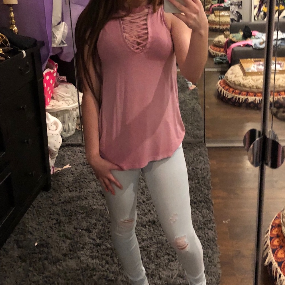 American Eagle Soft and sexy lace up pink tank XS